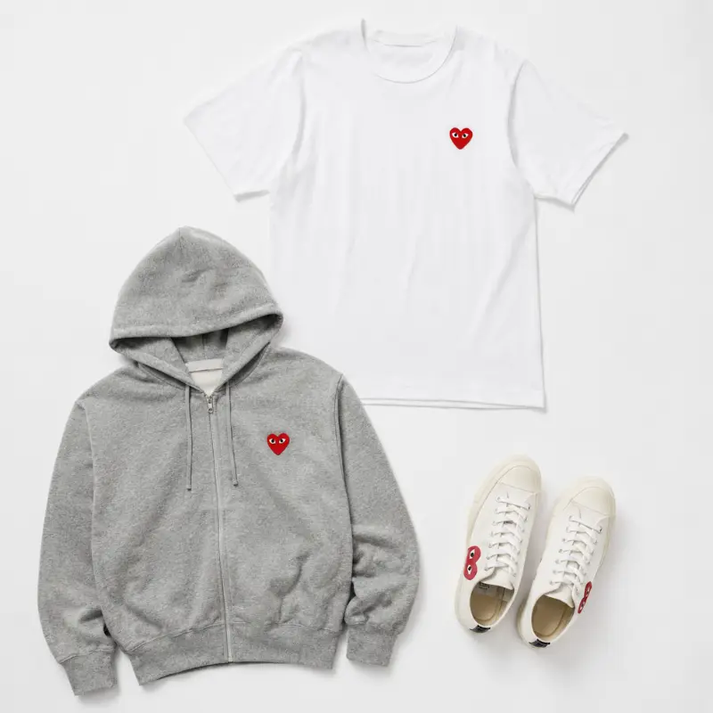 CDG Play t-shirt hoodie and Converse flatlay with red heart logo product shot