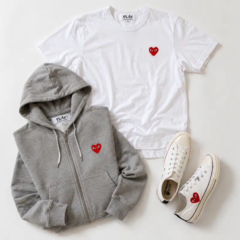 CDG Play white t-shirt grey hoodie and white Converse flatlay with red heart logo