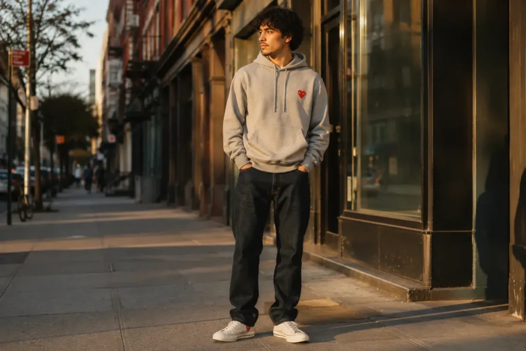 Young man wearing CDG Play grey hoodie and white Converse street style New York 2026