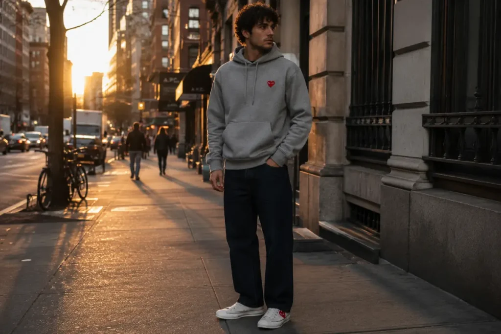 Young man wearing grey CDG Play hoodie with red heart and white Converse street style New York golden hour