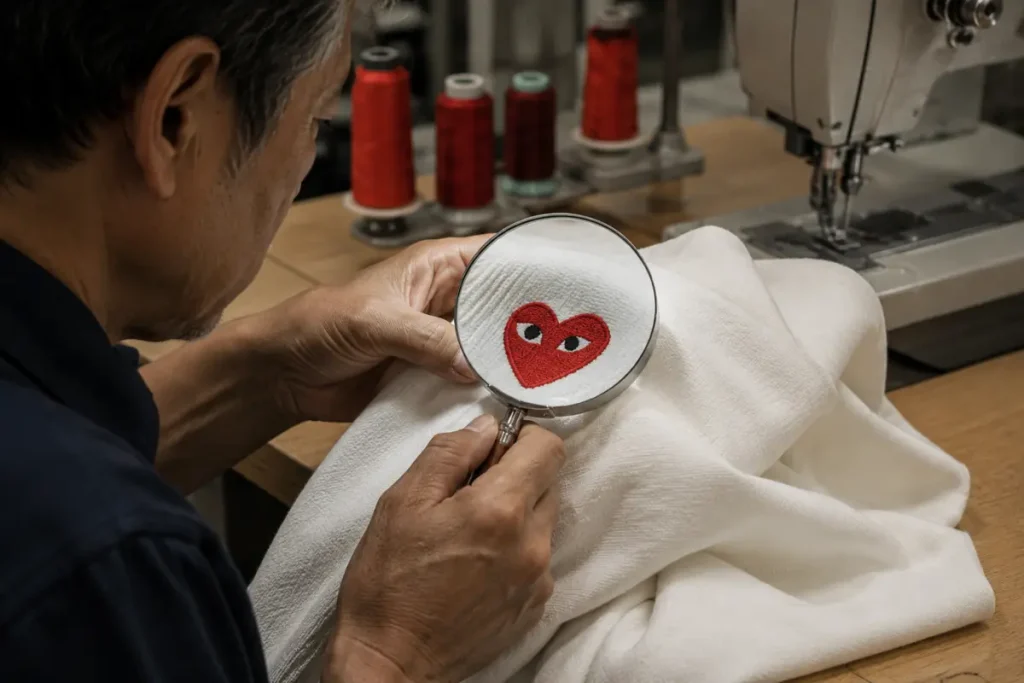 Japanese craftsman hands embroidering red CDG heart logo on white cotton fabric in Tokyo factory
