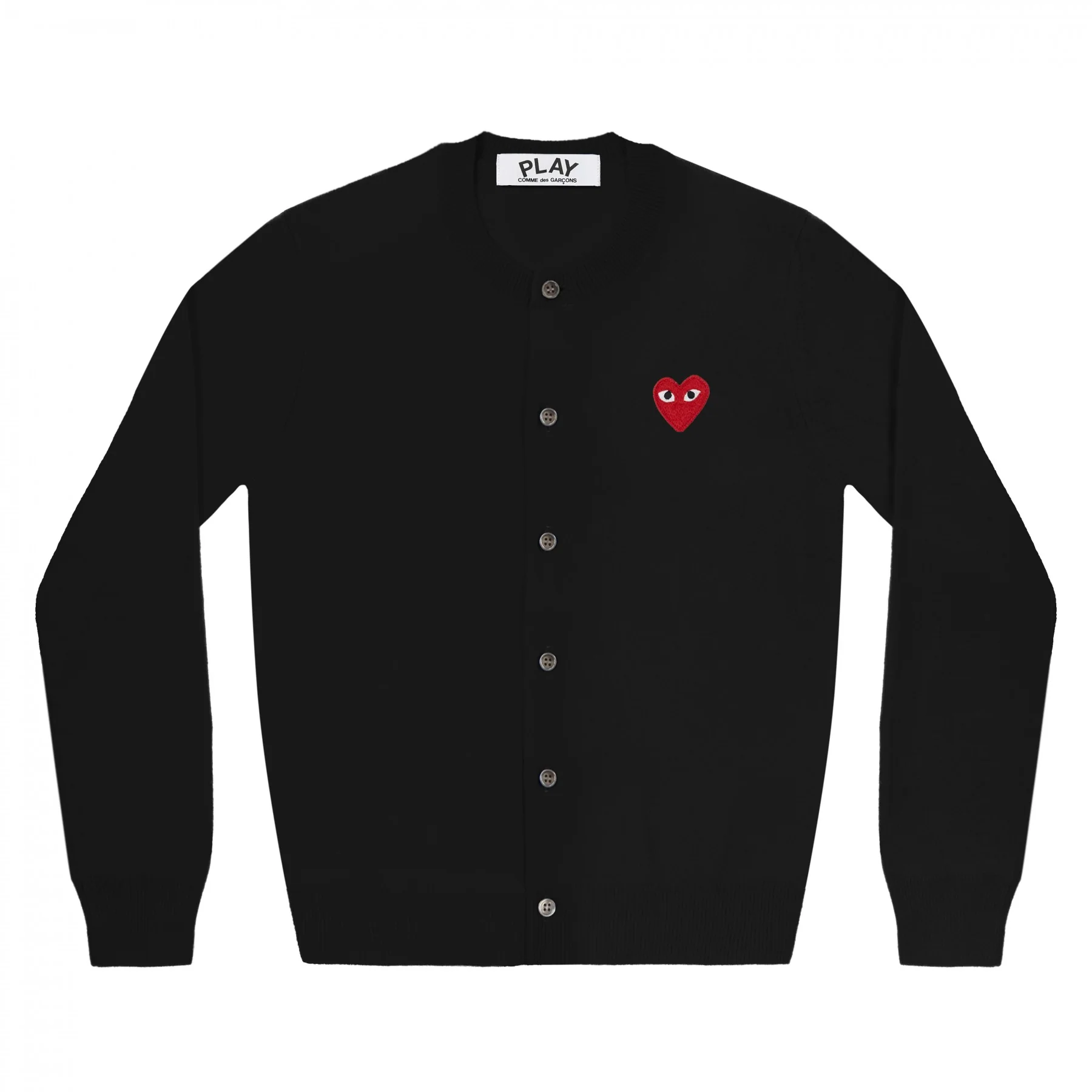 PLAY Round Neck Cardigan Red Emblem Black PLAY Round Neck Cardigan Red Emblem Black