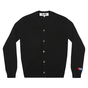 PLAY V-Neck Cardigan Invader Red Heart and Blue Emblem (Black)