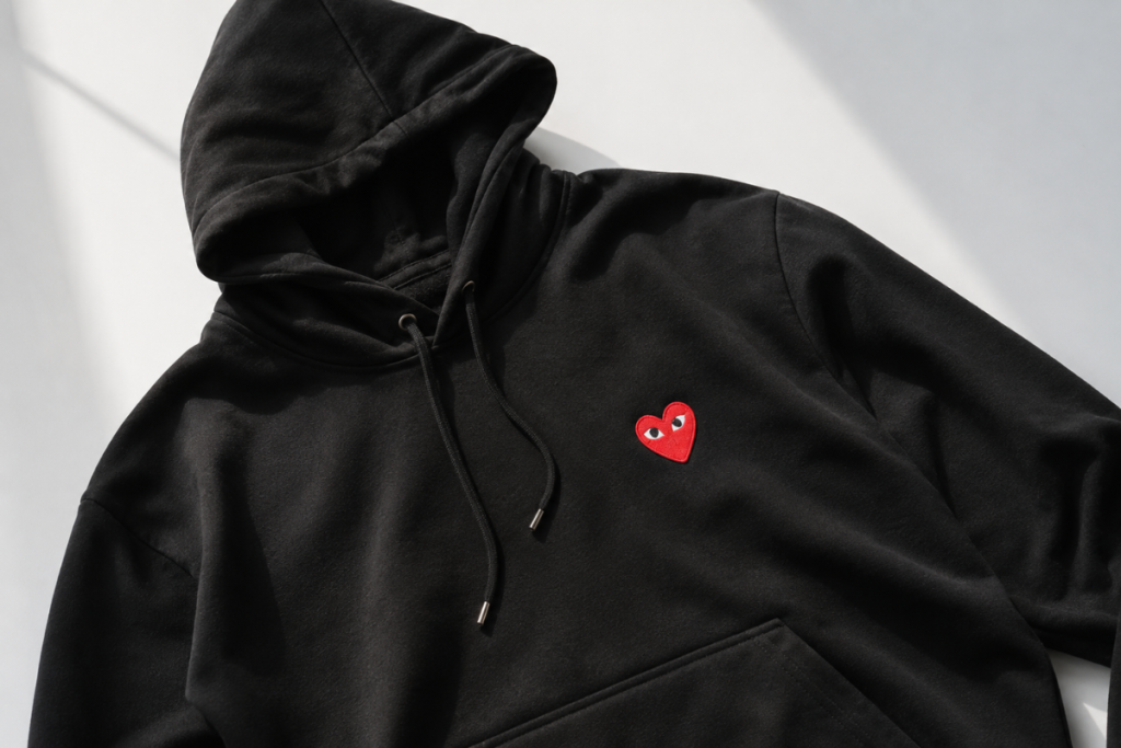 CDG Play brand black hoodie with red heart logo on chest