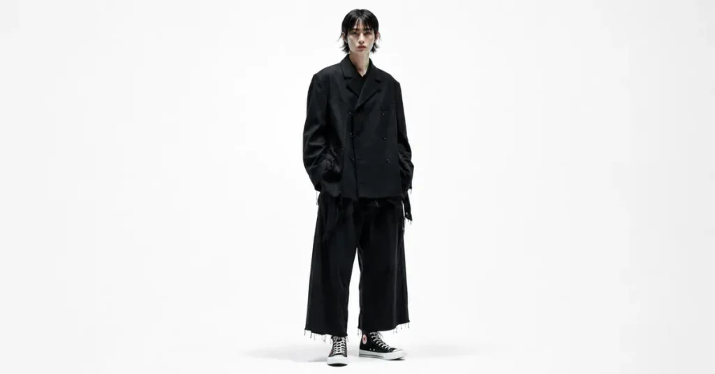 Comme des Garcons model in all-black oversized jacket and CDG canvas sneakers