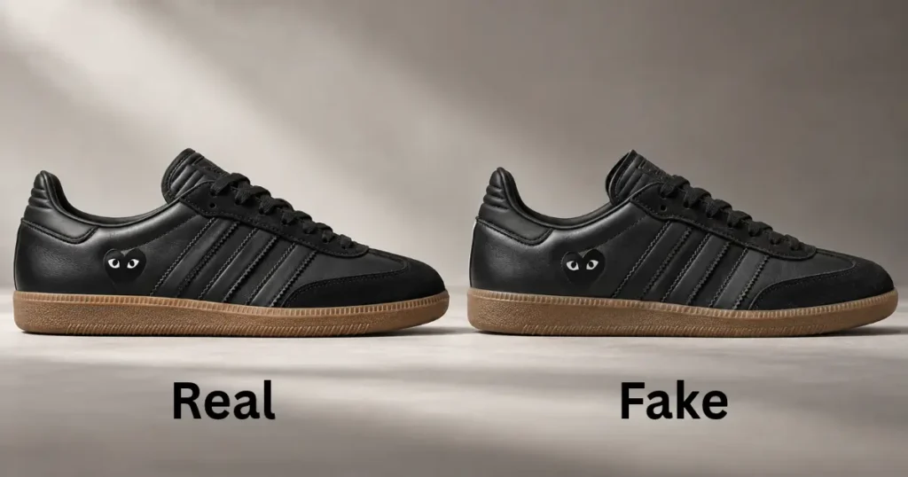CDG Samba sneakers with heart-eye graphics and gum soles displayed side by side for an authenticity guide.