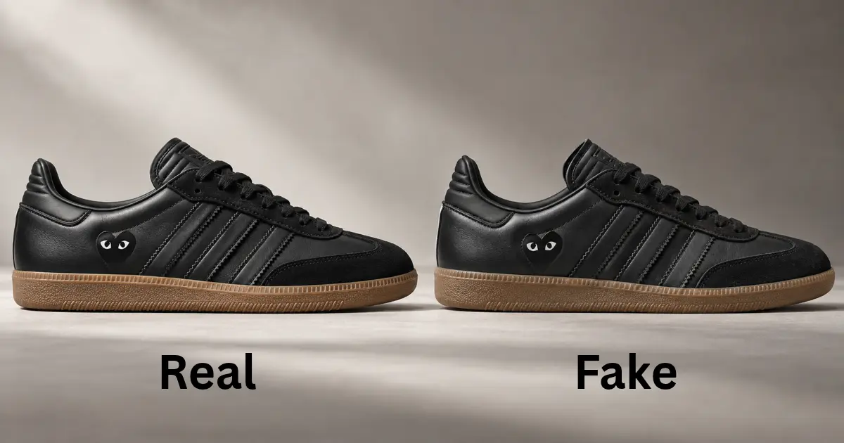 CDG Samba sneakers with heart-eye graphics and gum soles displayed side by side for an authenticity guide.