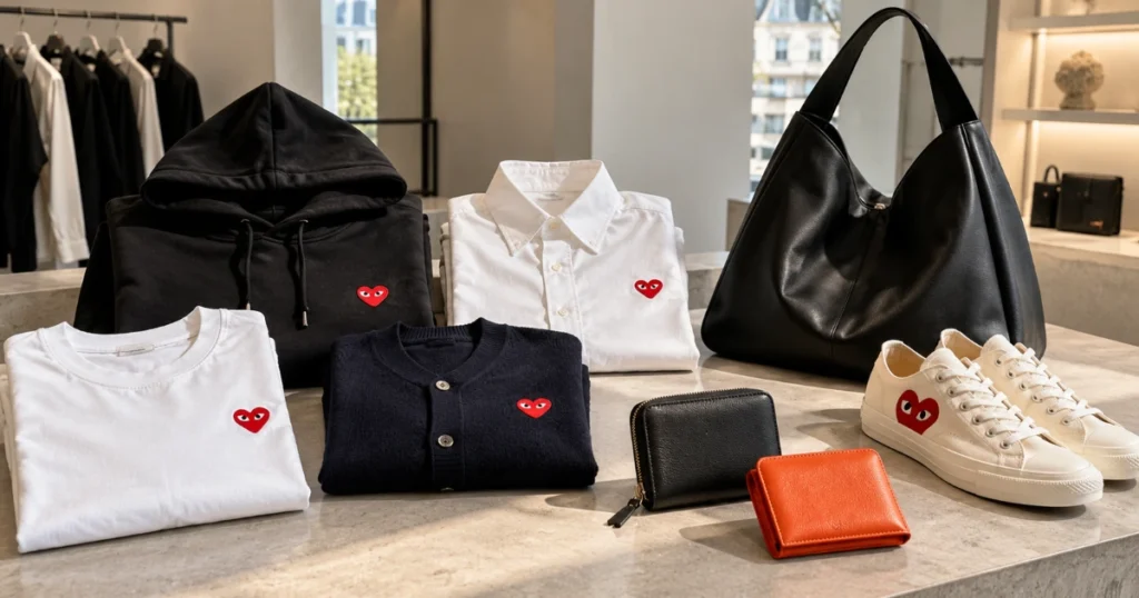 Comme des Garcons editorial display of heart-graphic T-shirt, hoodie, cardigan, button-down shirt, wallets, black shoulder bag, and cream sneakers.