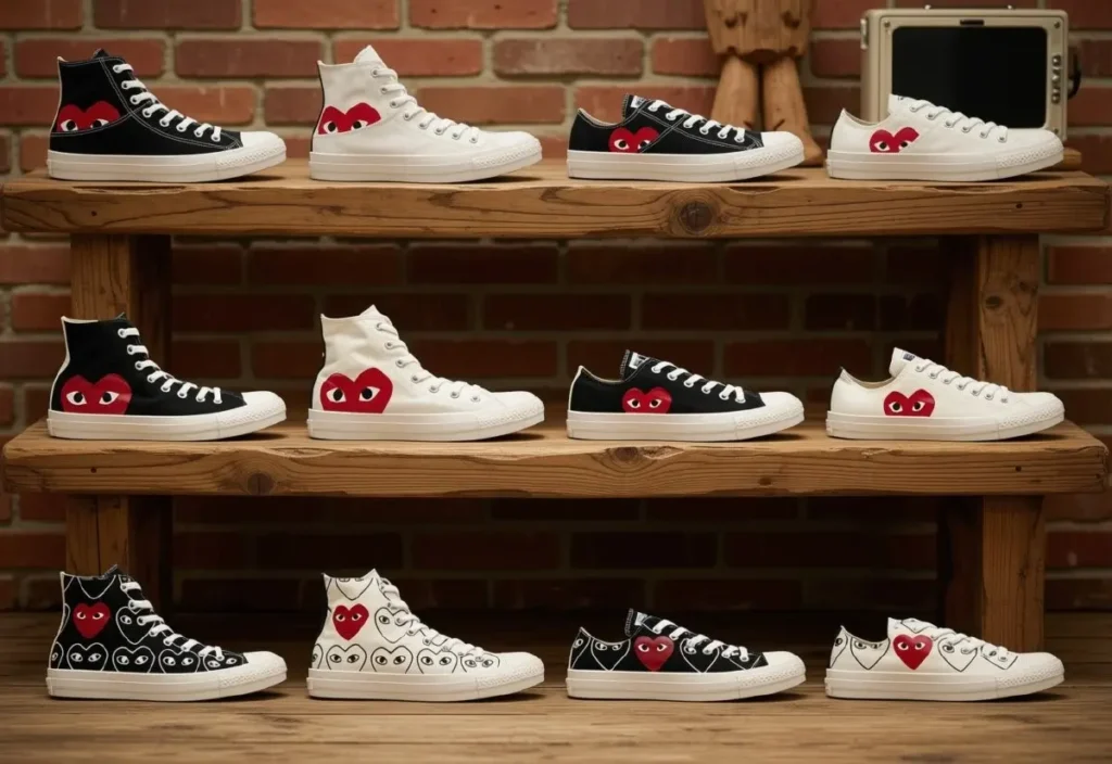 Comme des Garcons Converse Chuck 70 high-top and low-top sneakers featuring the signature CDG PLAY heart logo.