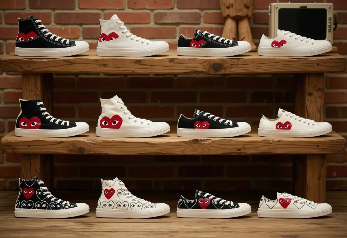 Comme des Garcons Converse Chuck 70 high-top and low-top sneakers featuring the signature CDG PLAY heart logo.