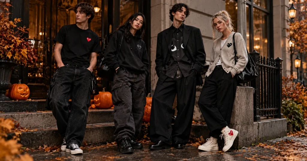 Comme des Garcons four friends wearing black heart-graphic streetwear, relaxed pants, layered jackets, and sneakers beside Halloween pumpkins.