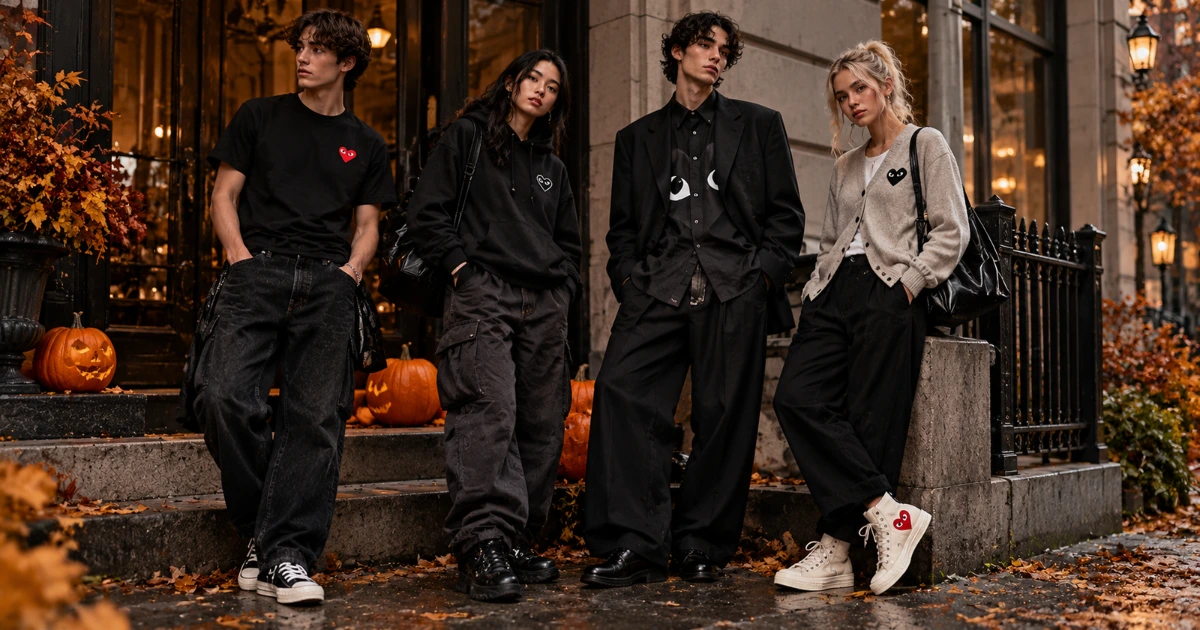 Comme des Garcons four friends wearing black heart-graphic streetwear, relaxed pants, layered jackets, and sneakers beside Halloween pumpkins.