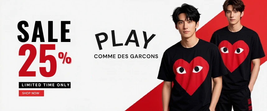 Comme des Garcons clothing, PLAY T-shirt, designer shirt and CDG Converse sneakers displayed for an online shopping guide.